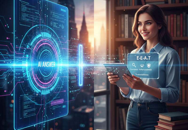 Egy fiatal nő, kezében egy tabbal néz egy képernyőt, ami az AI-t "képviseli"