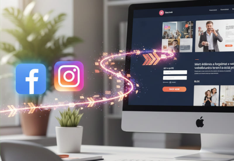 Insta és Facebook logo, mellette egy asztali számítógép